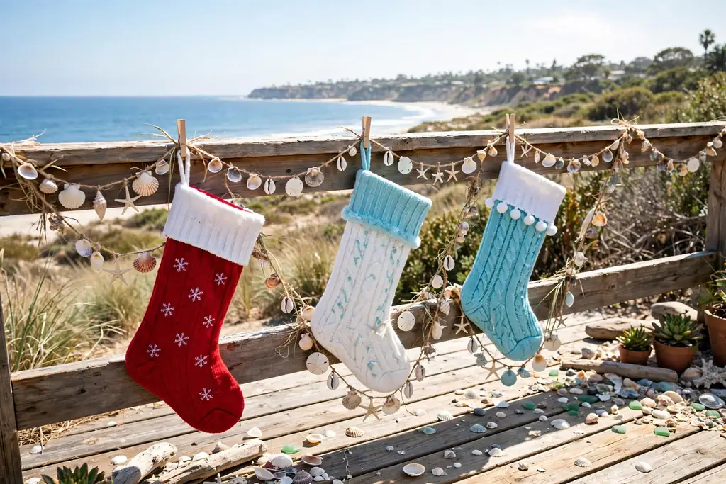 Deck rail hung with red, white, and aqua Christmas stockings and small shells.
