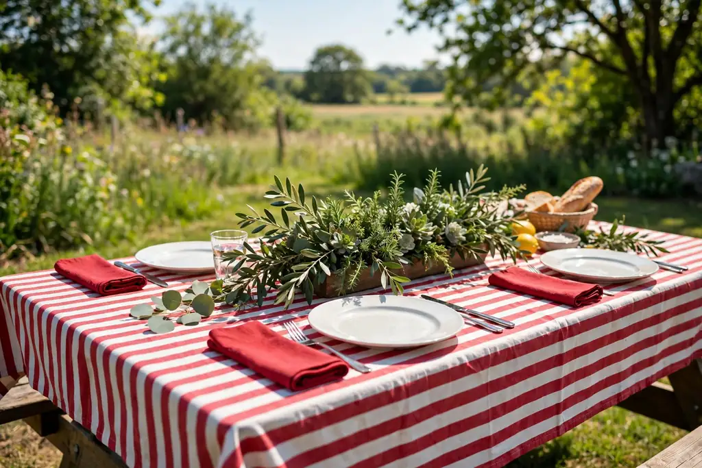 Picnic table with red and white striped cloth, white plates, red napkins, and a low greenery centerpiece.
