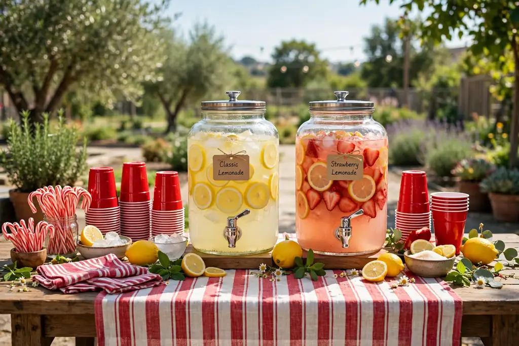Lemonade bar table with red and white striped runner, clear dispensers, red cups, and candy cane stirrers.