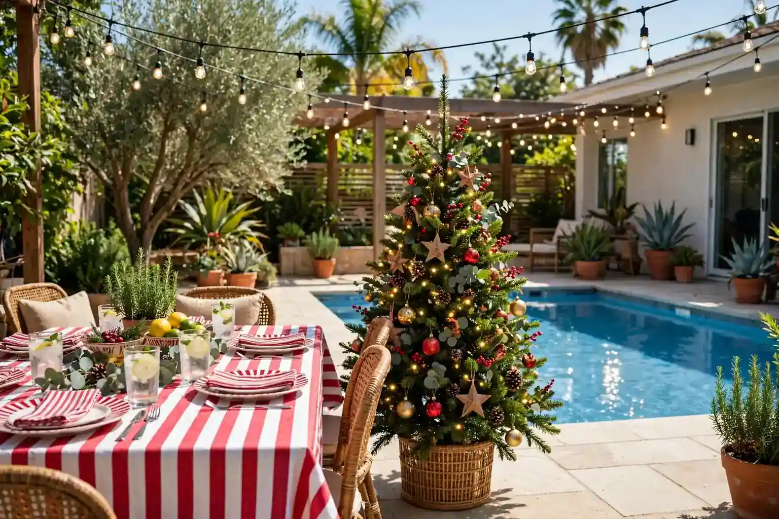 Sunny backyard patio with a small decorated Christmas tree beside a pool, red and white striped table setting, and string lights overhead.
