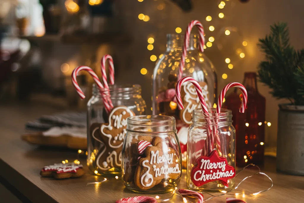 Glass jars filled with candy canes and treats on a counter with string lights.