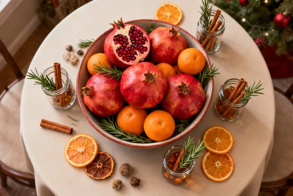 Bowl of pomegranates and oranges with cinnamon sticks on a table.