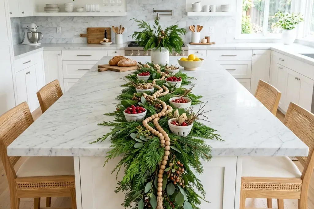 Long greenery garland running down the center of a white kitchen island.