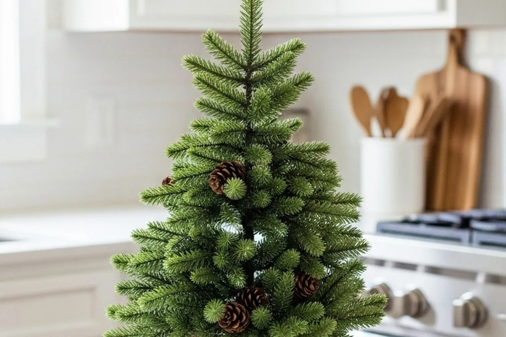 Small tabletop evergreen tree on a kitchen counter near the stove.