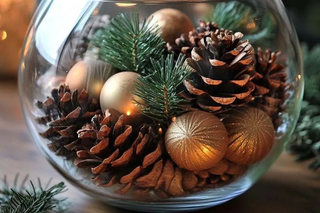 Glass bowl filled with pinecones, gold ornaments, and evergreen sprigs.