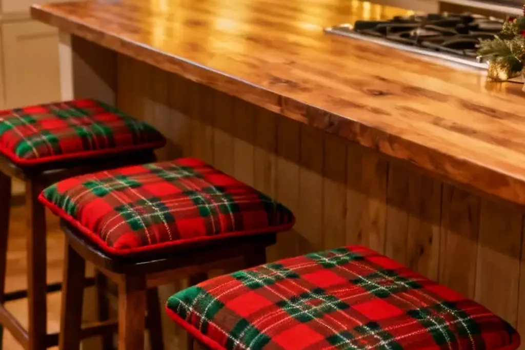 Kitchen island stools with red and green plaid seat cushions.