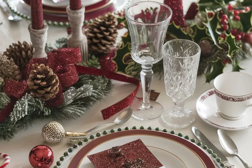 Christmas place setting with pinecones, greenery, and glassware on a table.