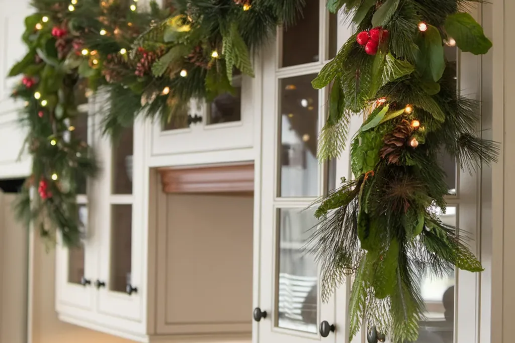 Greenery garland with warm string lights draped over kitchen cabinets.