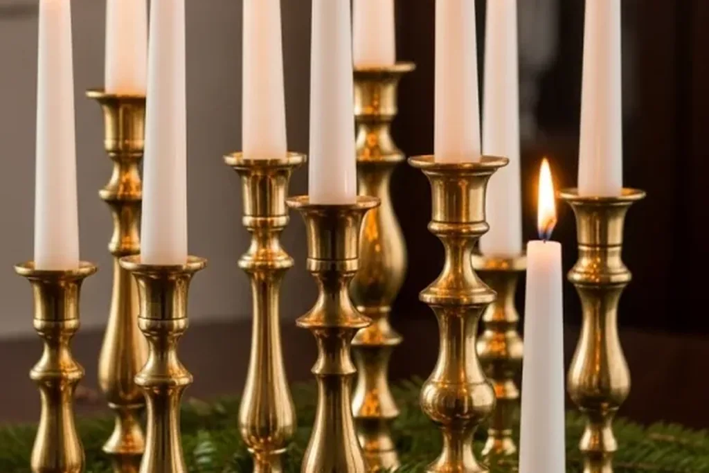 Row of brass candlesticks with tall white taper candles.