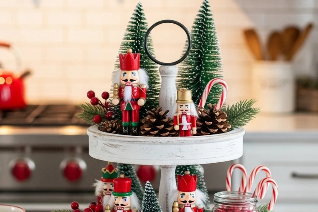 Tiered stand with nutcrackers, mini trees, and candy canes in a kitchen.