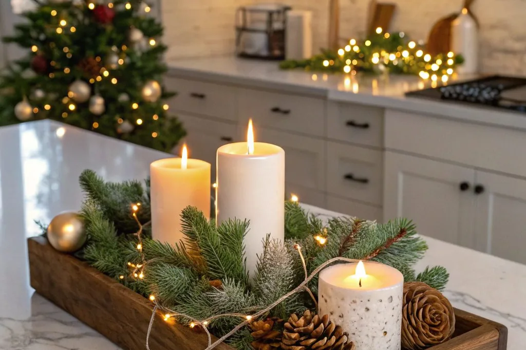 Wooden tray holding pillar candles, greenery, and pinecones on a kitchen counter.