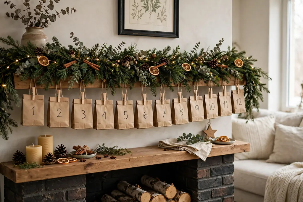 Christmas mantel with a small advent countdown of numbered kraft bags on a garland.