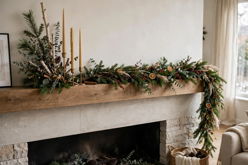Wide Christmas mantel with an asymmetrical display, tall candles at one end and trailing garland.