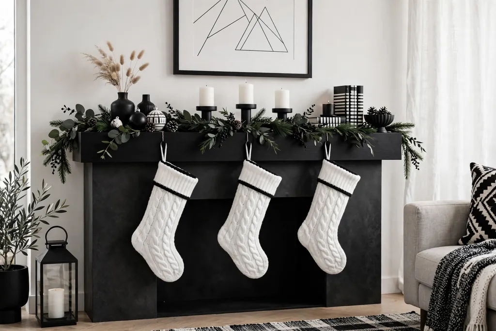 Modern black and white Christmas mantel with white candles and black holders.