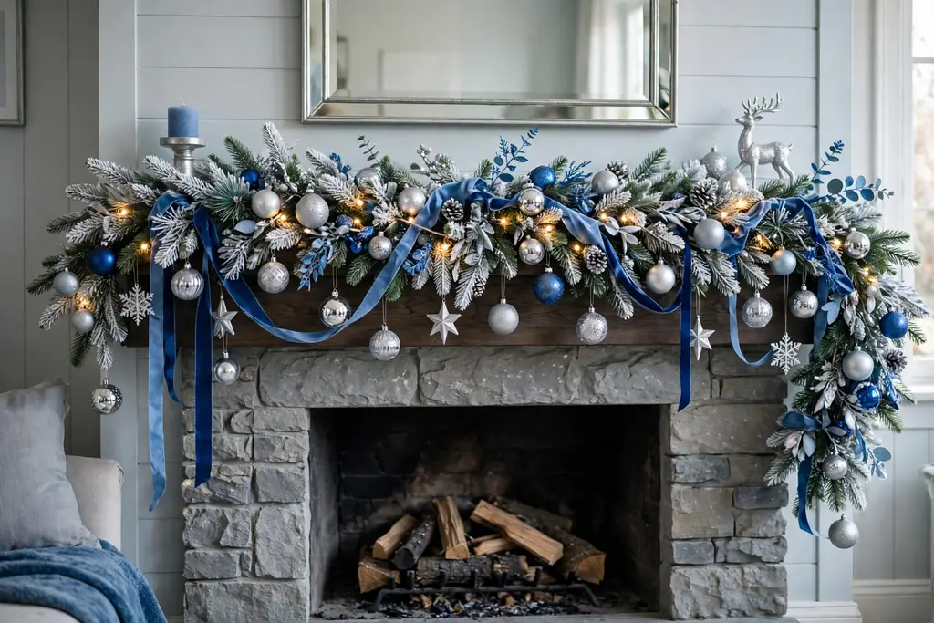 Blue and silver Christmas mantel with frosted branches, silver ornaments, and white lights.