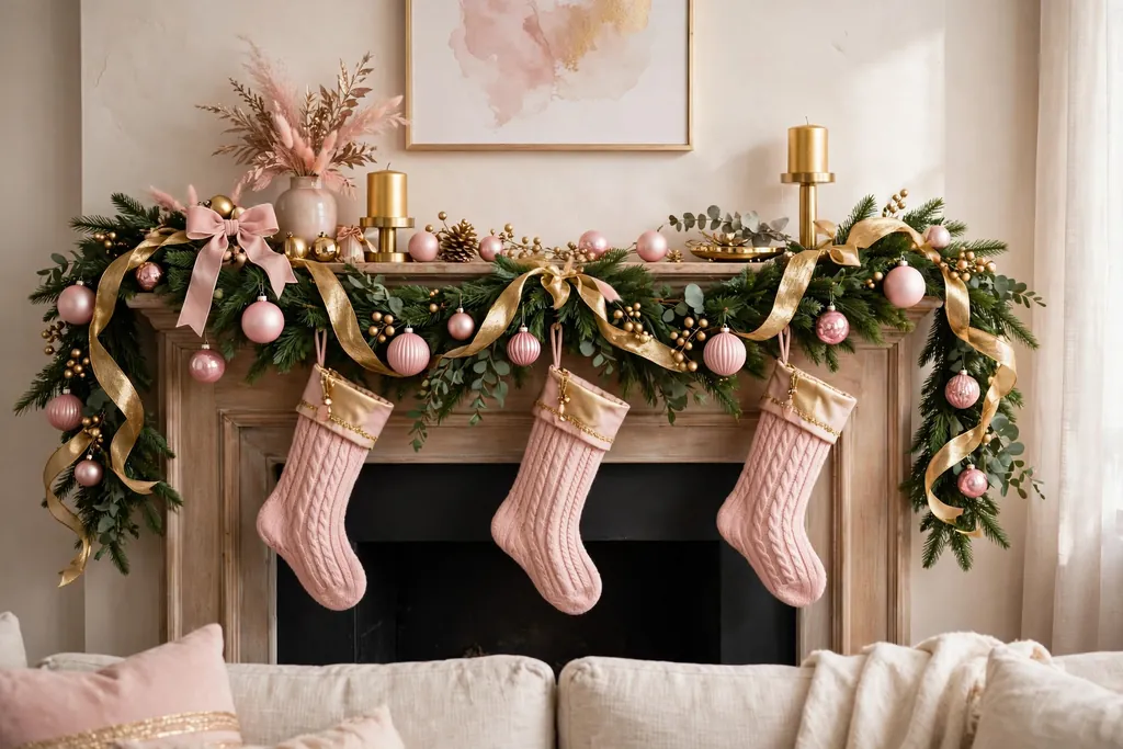 Blush pink and gold Christmas mantel with pink ornaments, gold ribbon, and pink stockings.