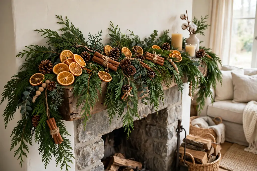 Christmas mantel with fresh cedar garland, dried orange slices, and cinnamon sticks.