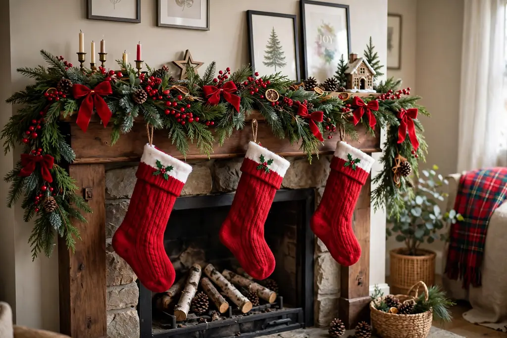 Christmas mantel with a red and green evergreen garland and matching red stockings.