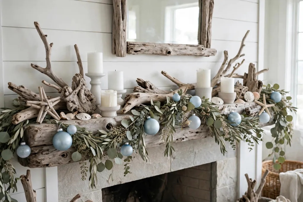 Coastal Christmas mantel with driftwood, pale blue ornaments, and white candles.