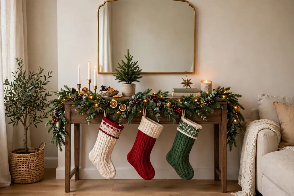 Console table styled as a Christmas mantel with garland, stockings, and a mirror above.