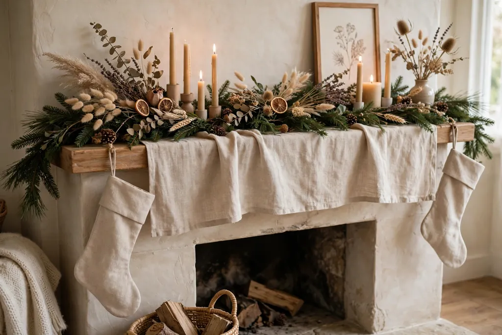 Christmas mantel with dried flowers, natural linen, and a plain evergreen garland.
