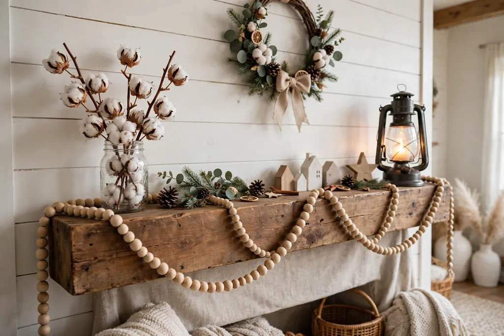 Farmhouse Christmas mantel with wood bead garland, cotton stems, and a lantern.