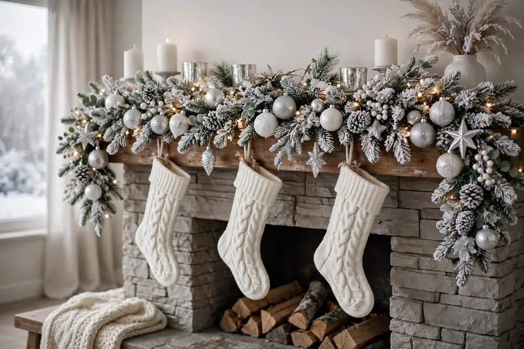Flocked snowy Christmas mantel with white and silver ornaments and white stockings.
