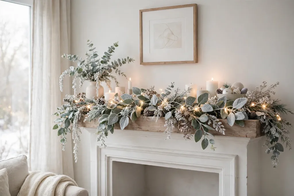 Christmas mantel with frosted eucalyptus stems and soft white fairy lights.