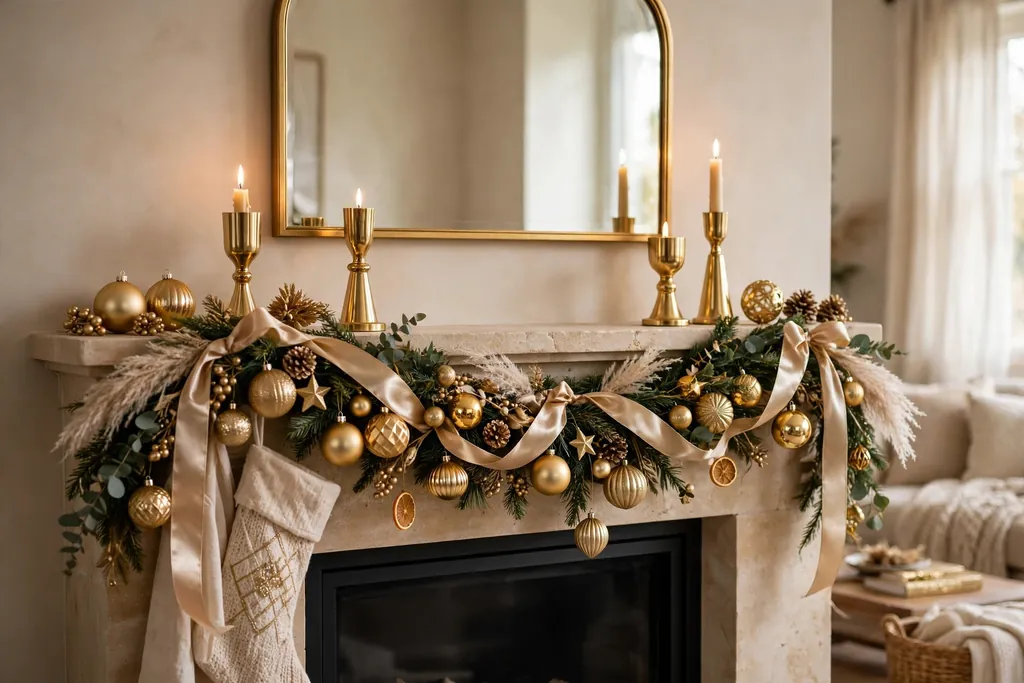 Gold and champagne Christmas mantel with gold ornaments, ribbon, and candle holders.