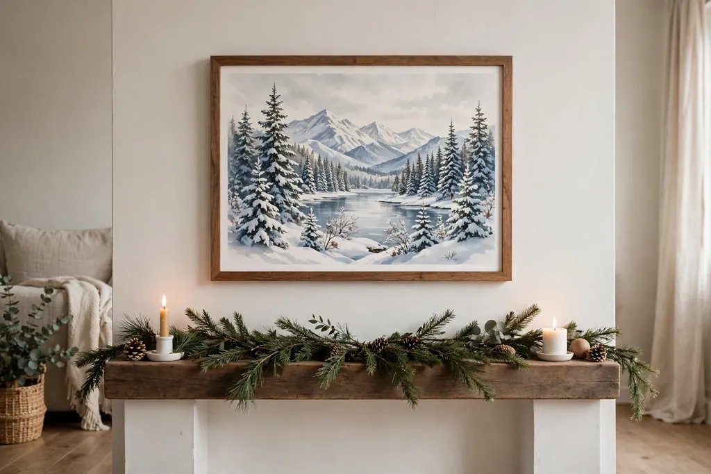 Christmas mantel with a framed holiday art print above and a simple garland below.