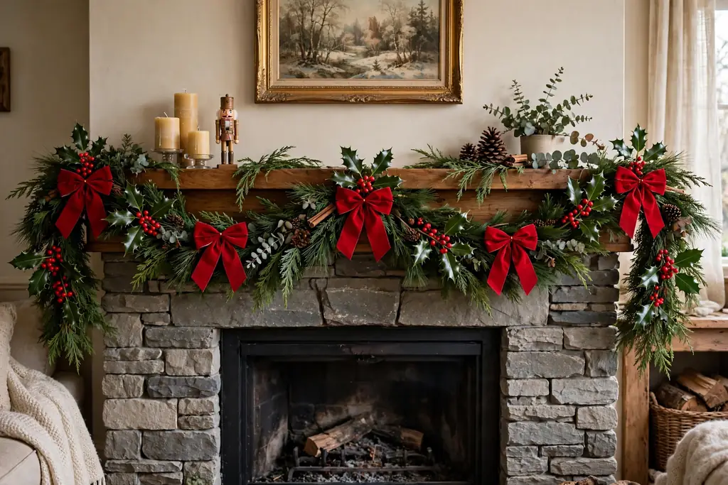 Christmas mantel with holly berry stems and classic red bows on evergreen garland.