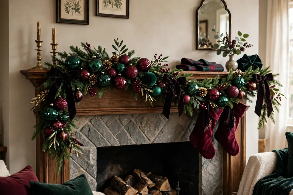 Christmas mantel with deep jewel tone ornaments and dark velvet ribbon bows.