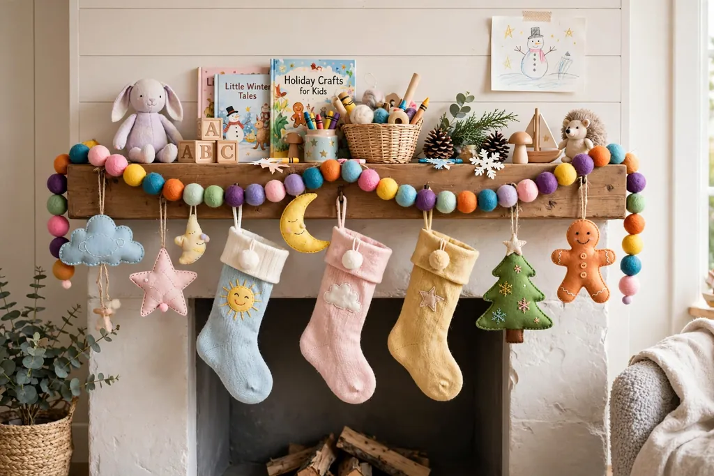 Kid friendly Christmas mantel with a felt ball garland and soft fabric ornaments.