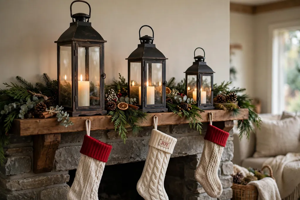Christmas mantel with lanterns at three different heights and a low garland.