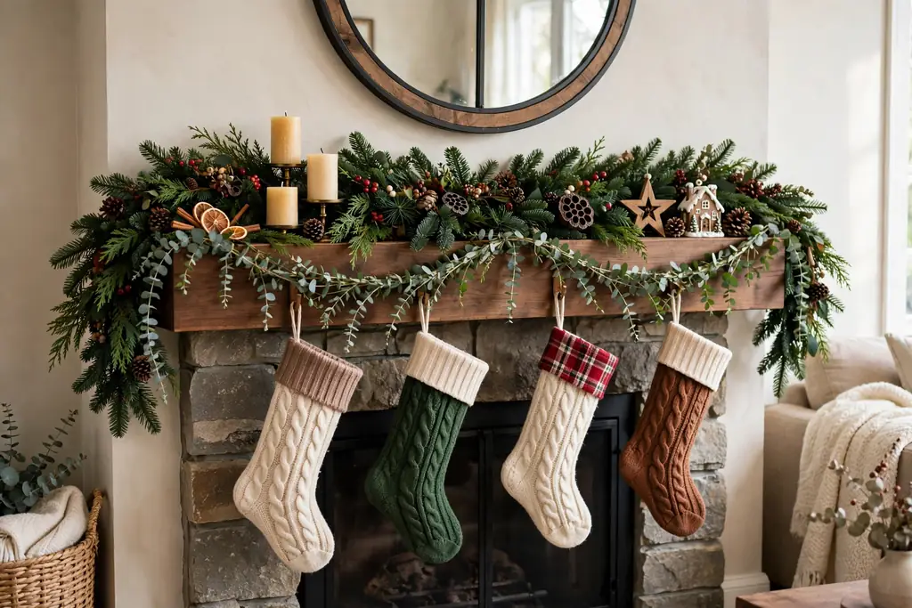 Christmas mantel with two layered garlands, thick evergreen behind and thin eucalyptus in front.