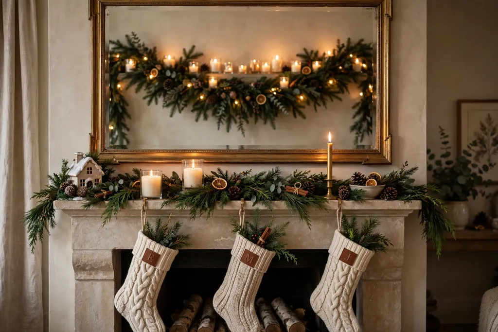 Christmas mantel with a mirror above reflecting garland and candlelight.