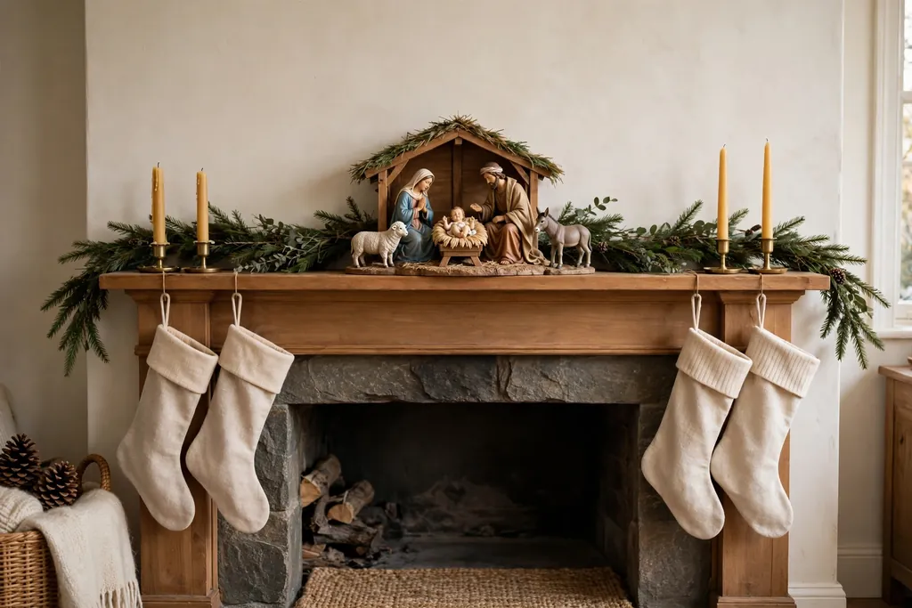 Christmas mantel with a nativity scene at the center and a simple garland behind it.