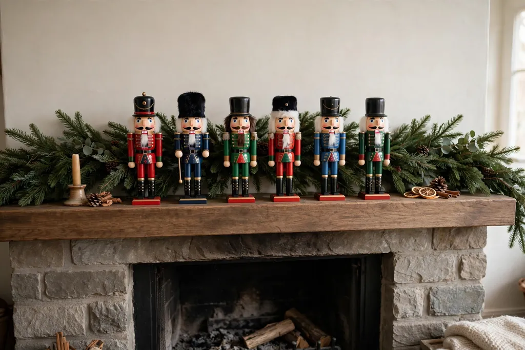Christmas mantel with a row of nutcracker figures and a plain garland behind them.