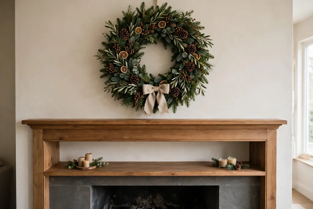 Christmas mantel with one oversized wreath above and a nearly bare shelf below.