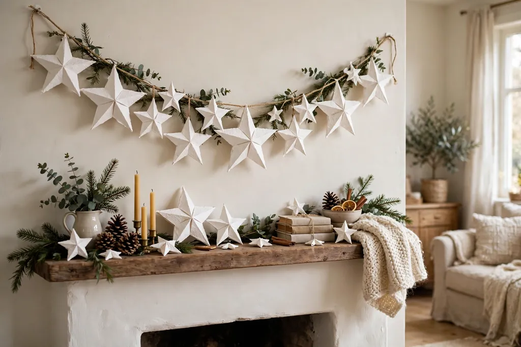 Christmas mantel with handmade white paper stars and a paper garland.