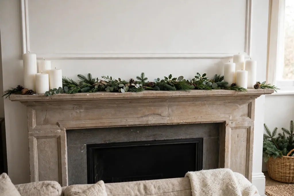 Christmas mantel with symmetrical white pillar candles and fresh evergreen sprigs.