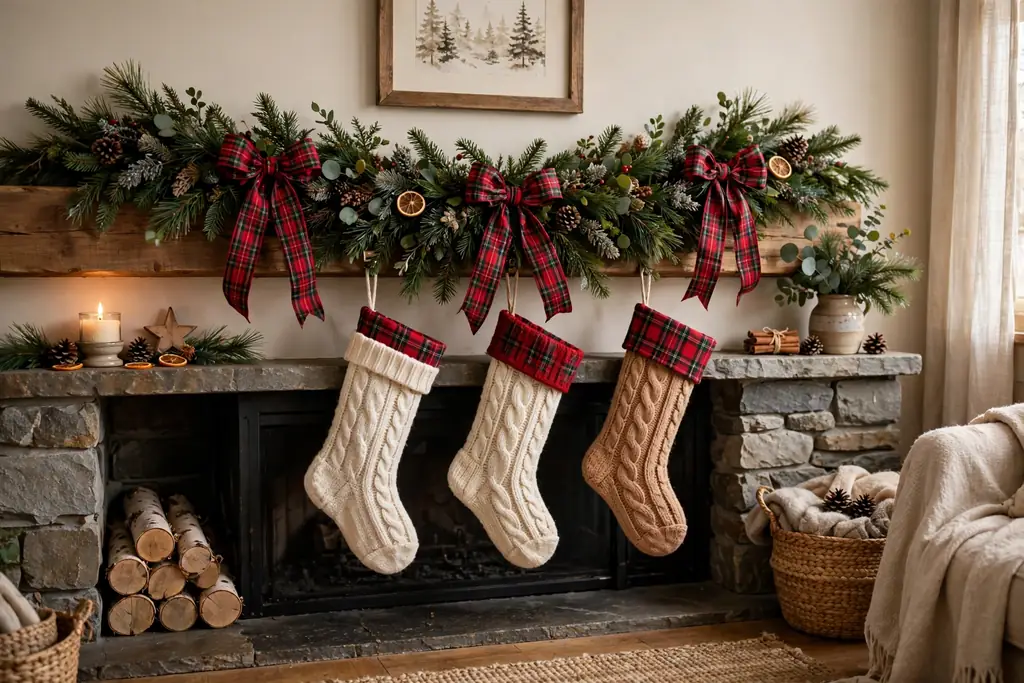 Christmas mantel with plaid ribbon bows and cozy knit stockings on a garland.