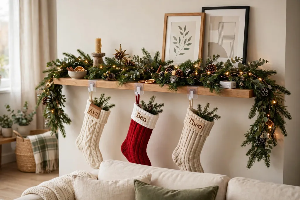 Renter friendly Christmas mantel with removable hooks, a freestanding garland, and battery lights.
