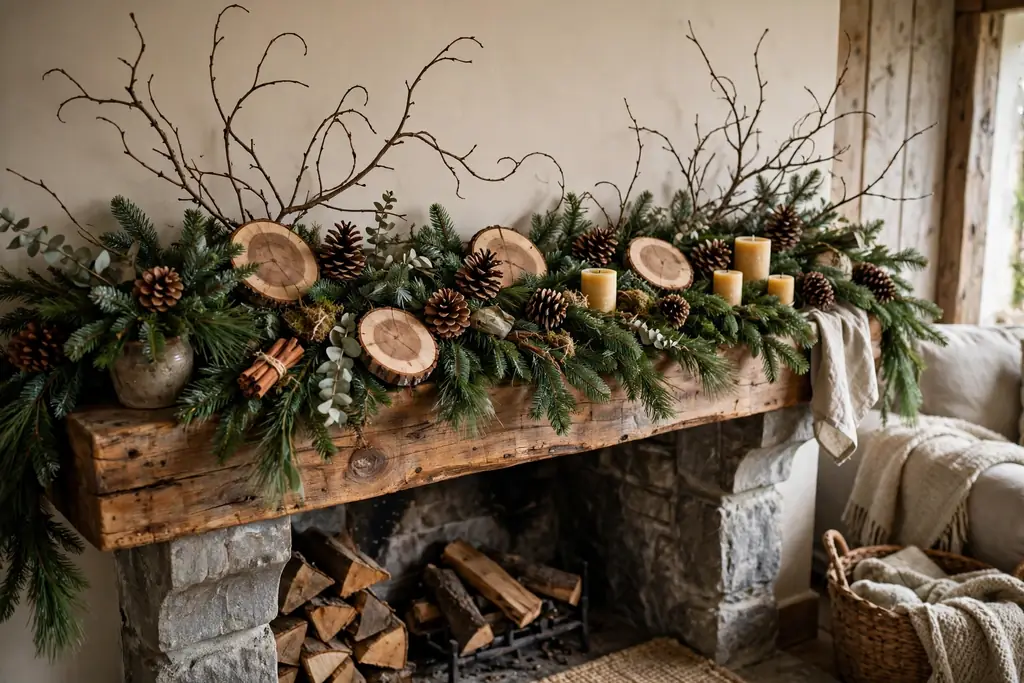 Rustic Christmas mantel with pinecones, wood slices, and branches on evergreen garland.