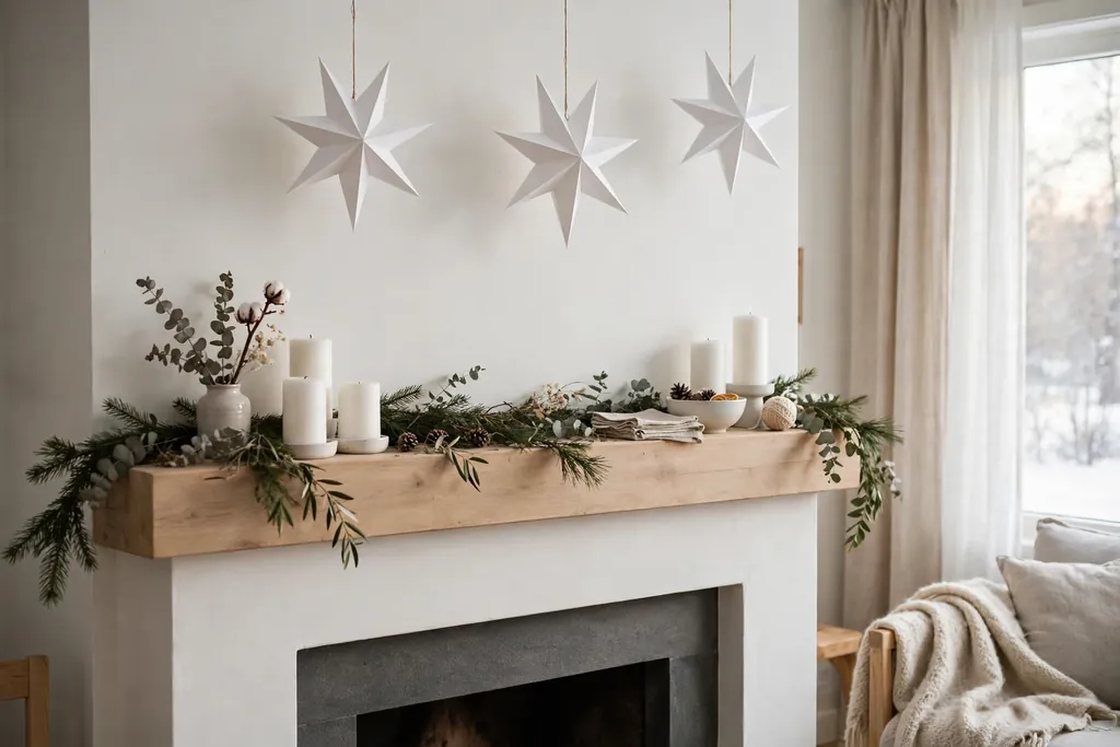 Scandinavian Christmas mantel with white paper stars, white candles, and sparse greenery.