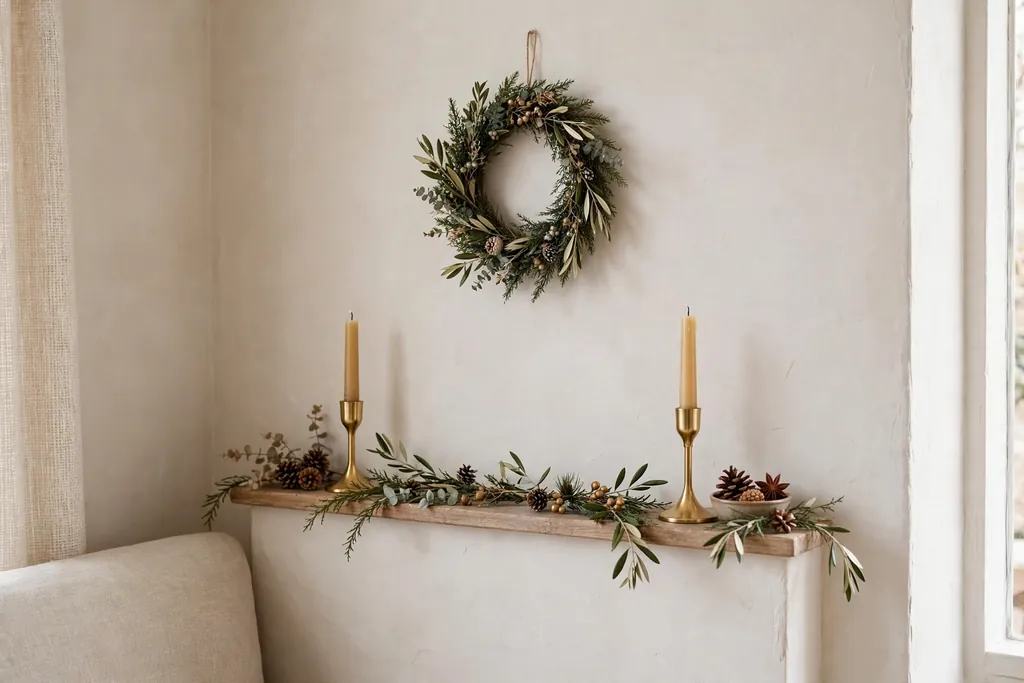 Small Christmas mantel with a slim garland, gold candle holders, and a small wreath.