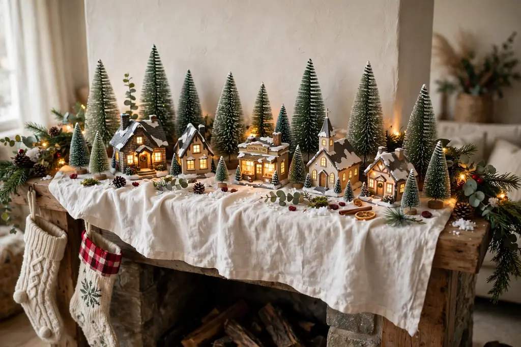 Christmas mantel with a lighted miniature village scene and small bottle brush trees.