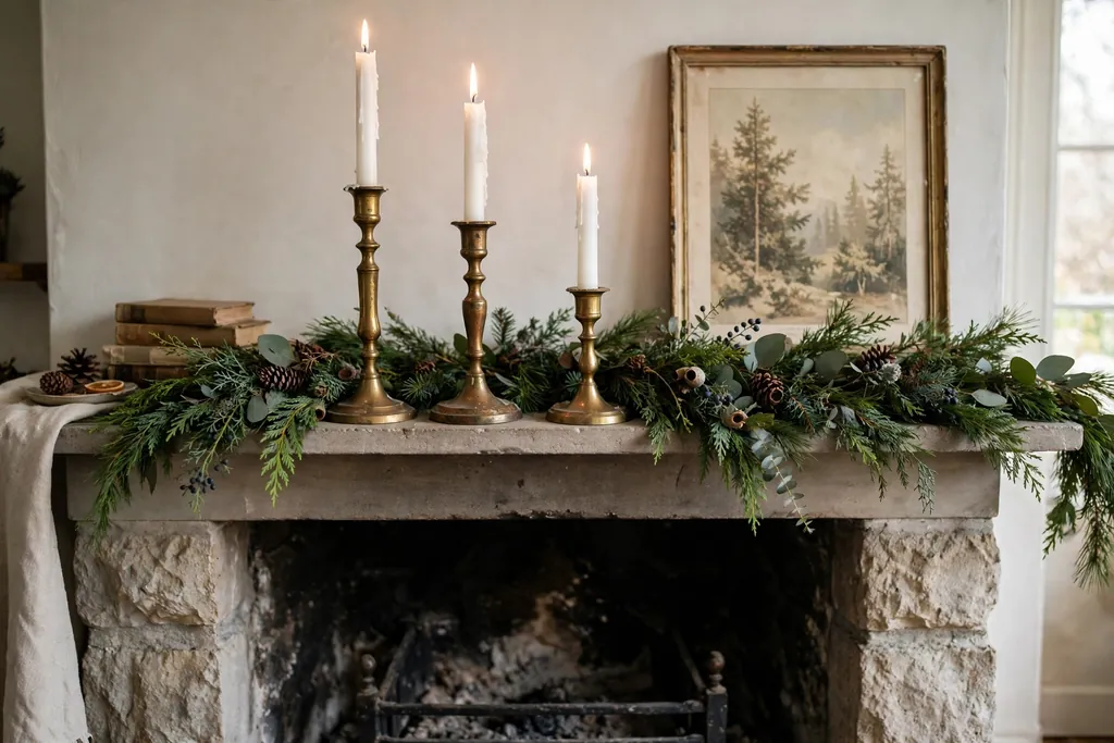 Christmas mantel with vintage brass candlesticks and white taper candles.