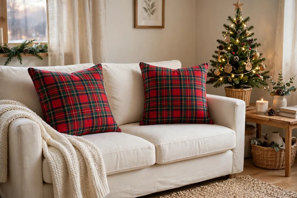 Sofa with classic red and green tartan plaid Christmas pillow covers and a small Christmas tree behind.