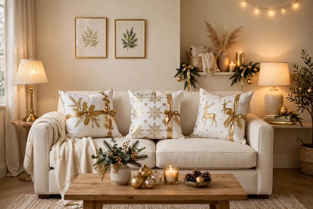 Sofa with white and gold Christmas pillow covers and soft warm lamps.